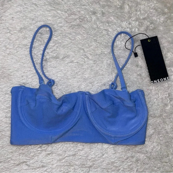 NWT OneOne Swimwear Bikini *Top Only* Alaskan Lauren Blue Ribbed New Top Crop - Picture 6 of 7